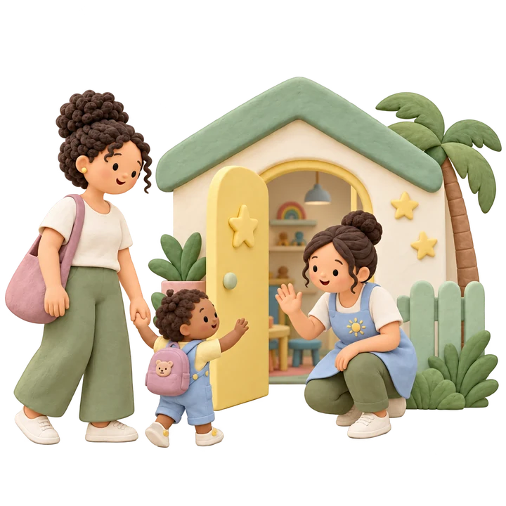 Illustration en pâte à modeler : un parent et son enfant saluent une professionnelle accroupie devant la porte d’une crèche
