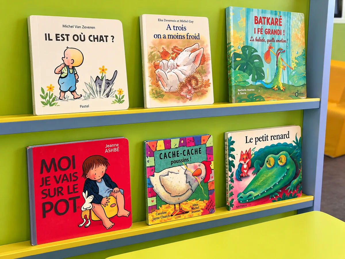 Coin lecture de Bonbon : albums jeunesse rangés face visible sur un présentoir bleu, contre un mur vert anis