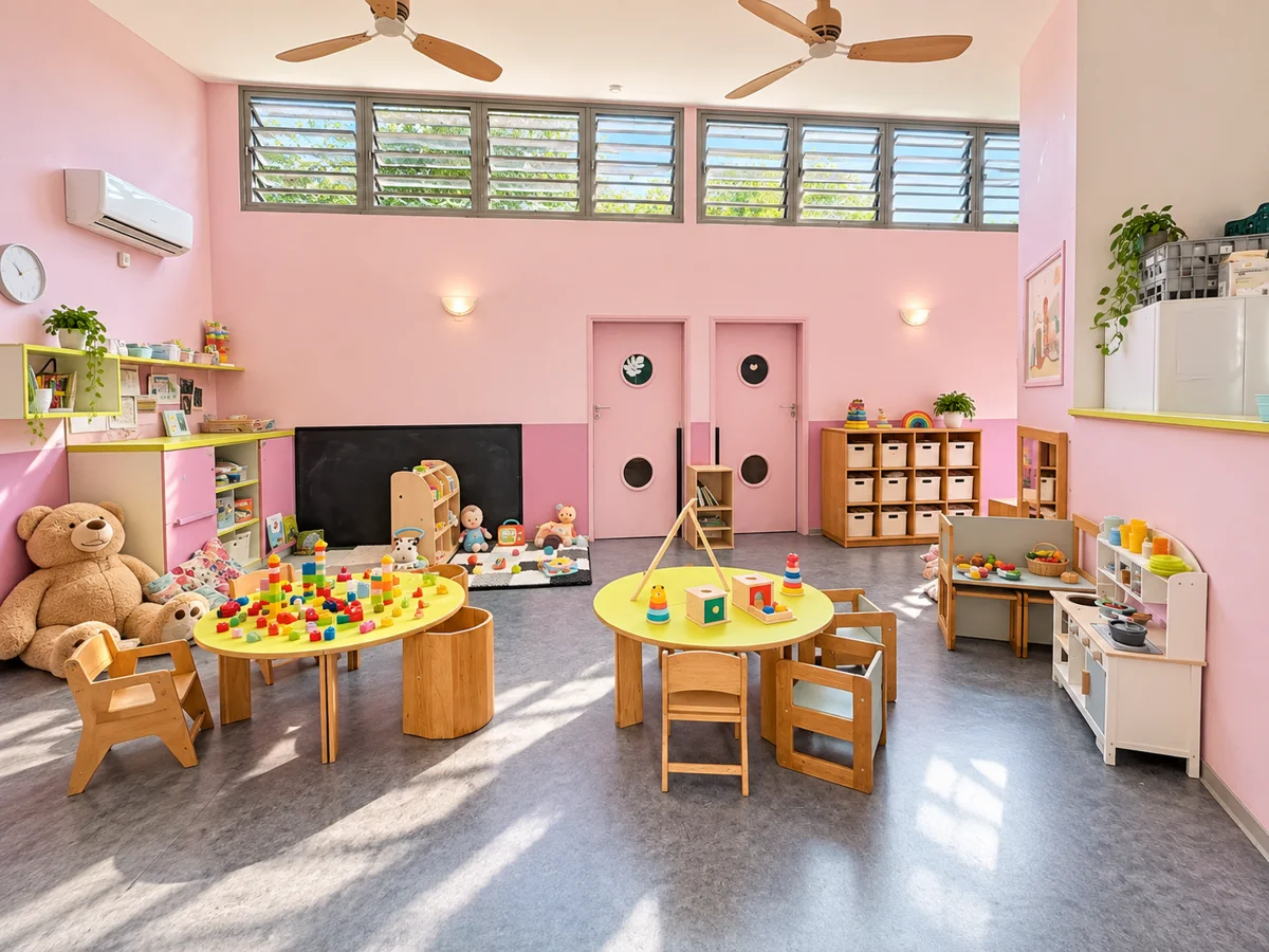 Salle de vie rose et ensoleillée de la micro-crèche Chocolat à Saint-Pierre, avec tables rondes en bois et jeux de construction