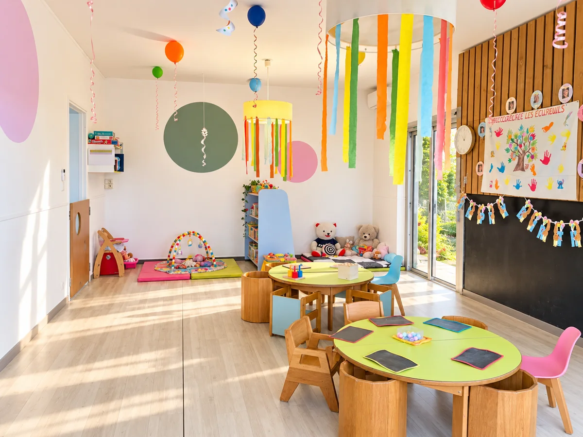 Salle d’activités lumineuse de la micro-crèche Les Écureuils à Saint-Gilles-les-Hauts, avec tables rondes et guirlandes colorées