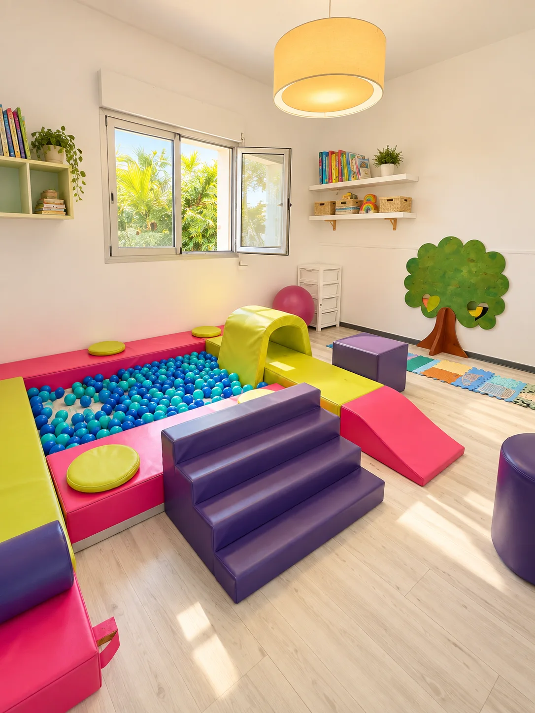 Espace motricité des Écureuils avec piscine à balles, escalier et toboggan en mousse rose, violet et vert anis