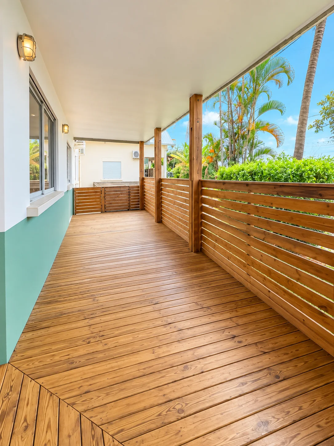 Terrasse couverte en bois aux Écureuils, bordée d’une palissade et ouverte sur les palmiers et le ciel bleu