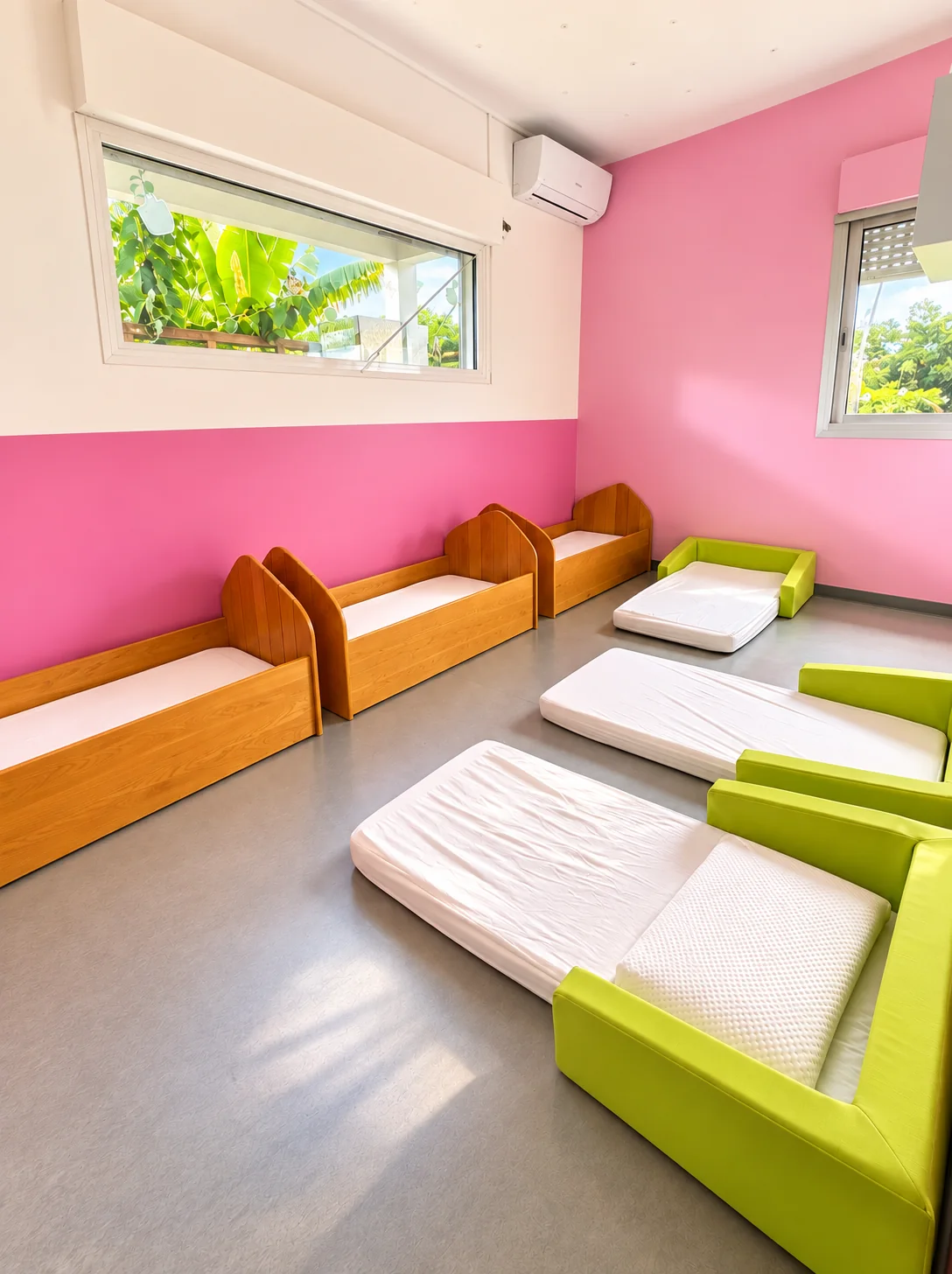 Espace repos des Suricates aux murs roses, avec lits bas en bois et matelas au sol entourés de mousse vert anis