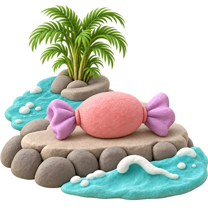 Illustration en pâte à modeler : un bonbon rose emballé de mauve sur un rocher, entre lagon et palmier, emblème de Bonbon