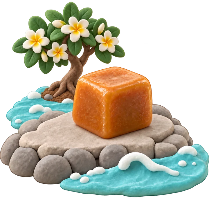Illustration en pâte à modeler : un caramel sur un rocher au bord de l’eau, sous un frangipanier en fleurs, emblème de Caramel