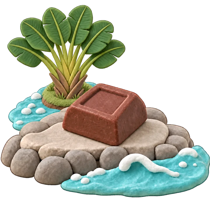 Illustration en pâte à modeler : un carré de chocolat sur un rocher au bord de l’eau, emblème de Chocolat