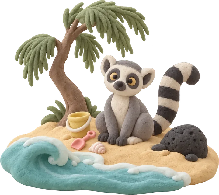 Illustration en pâte à modeler : un maki sur une plage avec seau, pelle et cocotier, mascotte des Makis à Boucan Canot