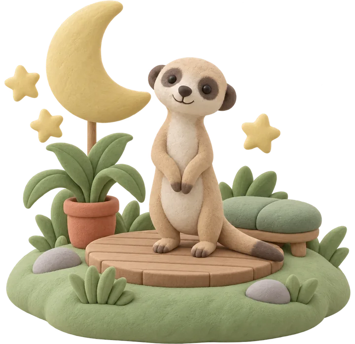 Illustration en pâte à modeler : un suricate debout sur une terrasse en bois sous la lune et les étoiles, mascotte des Suricates