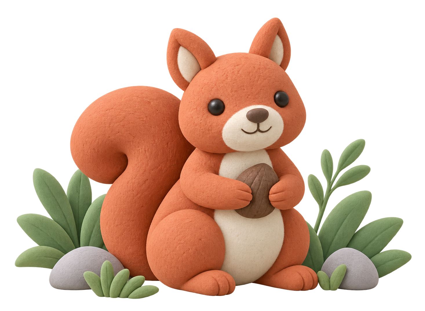 Illustration en pâte à modeler : un écureuil roux tenant une noisette au milieu des feuillages, mascotte des Écureuils