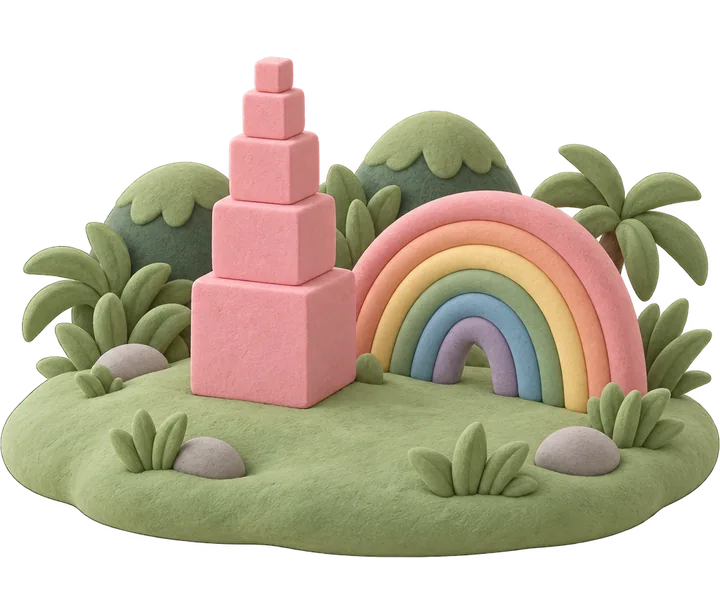 Illustration en pâte à modeler : une tour rose et un arc-en-ciel Montessori sur une île verdoyante, emblème de Pitchou